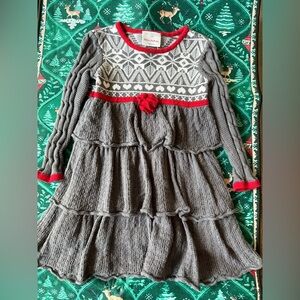 Hanna Andersson Faire Isle Hearts Grey Reuffles Sweater Knit Dress 90 2T/3T
